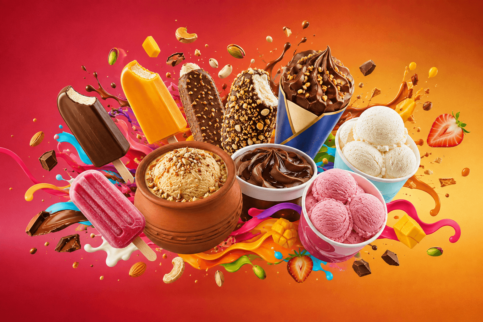 Naughty Ice Cream product assortment with bars, scoops, cones, and colourful splashes